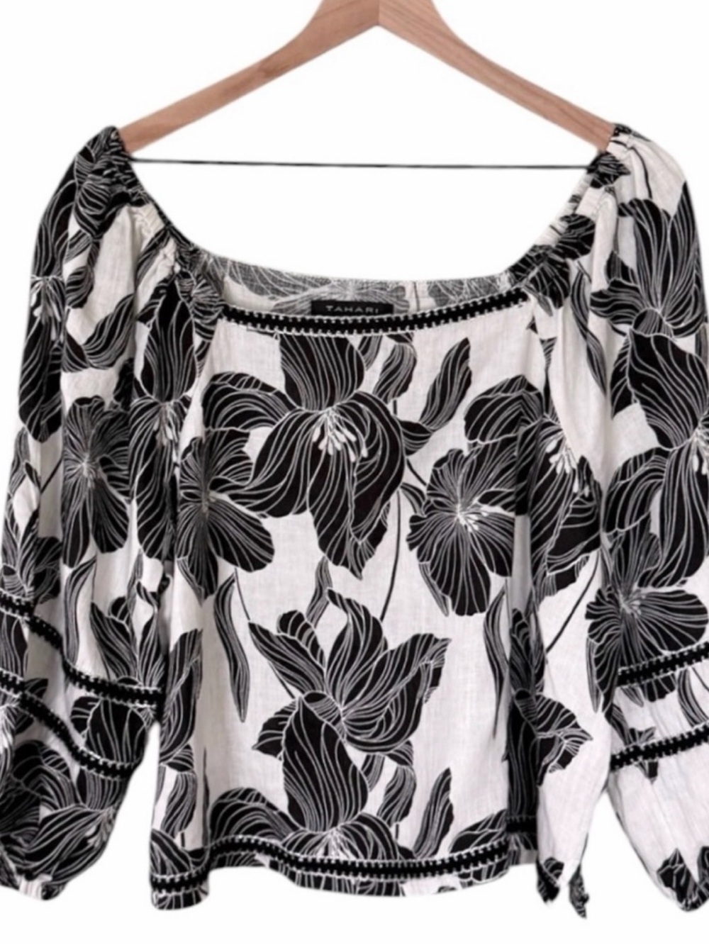 Tahari 100% Linen Floral‎ Balloon Sleeve Square Neck Top Black White Size Large